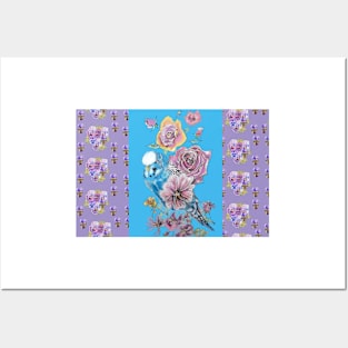 Blue Purple Budgie and Rose Flower Pattern Posters and Art